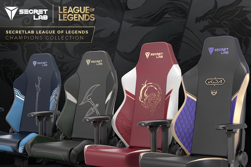 Five Secretlab gaming chairs from the League of Legends Champions Collection