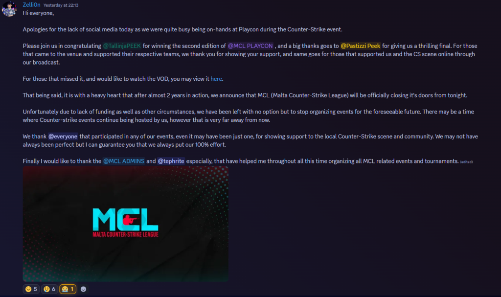 Zell1on Announcing MCL will cease operations on Discord.