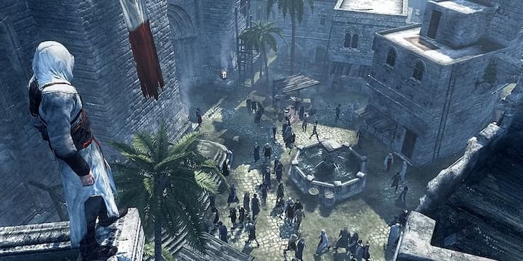 Altair standing on a rooftop, overlooking a medieval marketplace with a fountain, palm trees, and bustling crowds in Assassin's Creed 1.