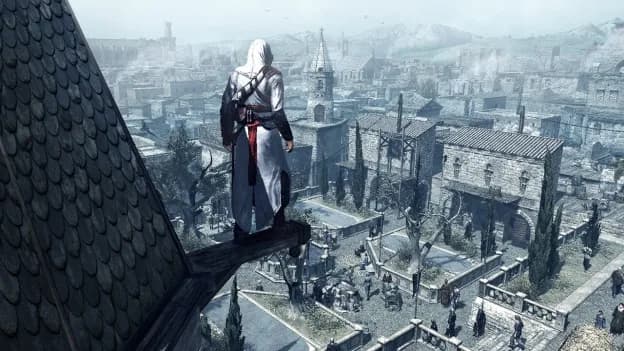 Altair standing on a wooden beam overlooking a medieval city in Assassin's Creed 1, with detailed rooftops, dynamic crowds, and a distant view of towers and buildings.