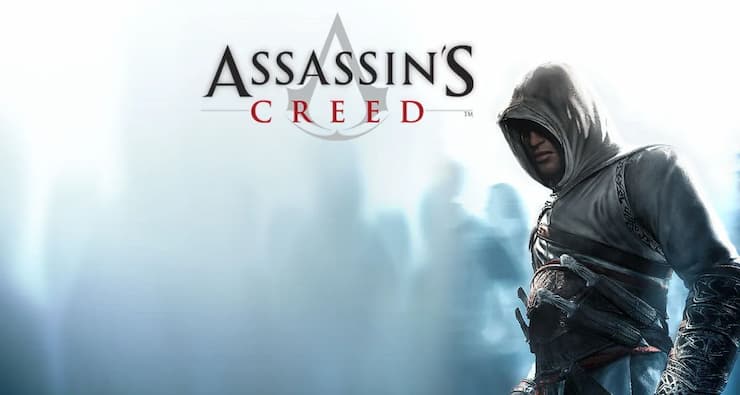 Assassin's Creed 1 cover art showing Altair in a hooded assassin's outfit with a blurred crowd in the background, featuring the game logo at the top.